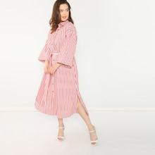 Shein Plus Self Belted Striped Shirt Dress