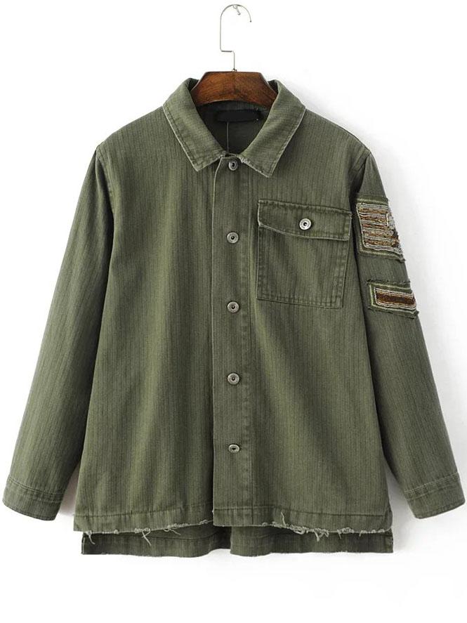 Shein Army Green Beaded Button Up High Low Coat With Pocket