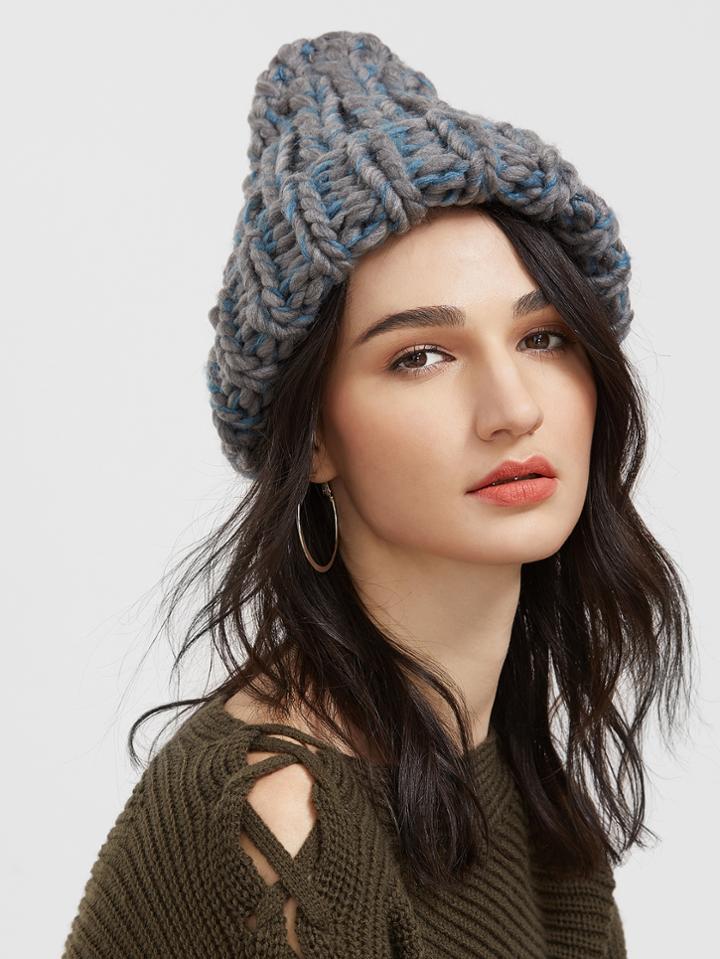 Shein Grey And Blue Cable Knit Beanie Hat