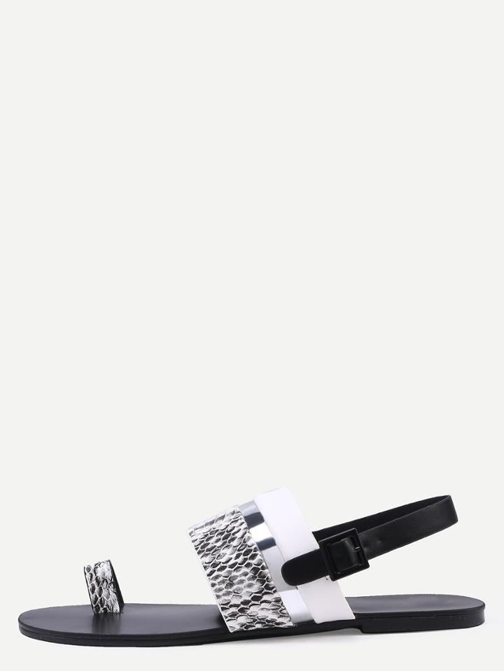 Shein Snake Embossed Faux Leather Toe Loop Sandals - White