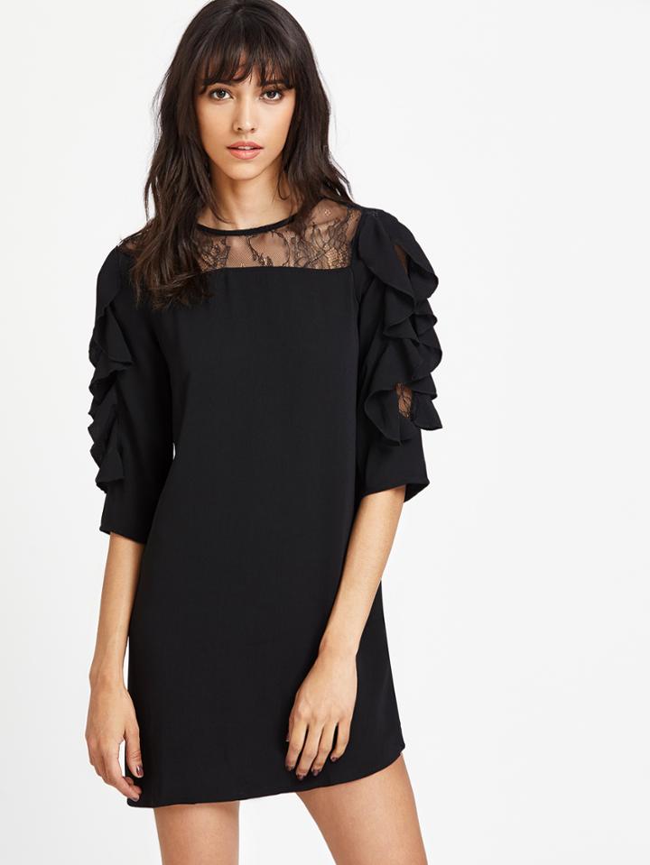 Shein Contrast Lace Layered Ruffle Sleeve Dress