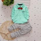 Shein Toddler Boys Bow Detail Curved Hem Shirt With Striped Pants