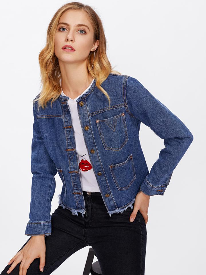 Shein Frayed Hem Pocket Front Denim Jacket