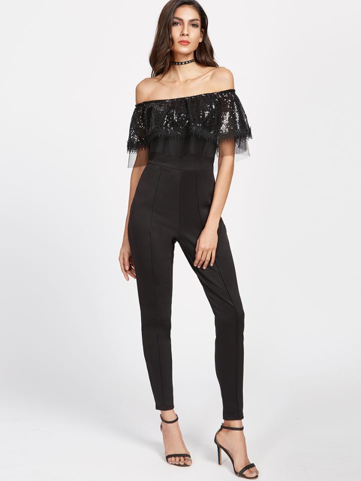 Shein Black Layered Sheer Mesh Sequin Detail Jumpsuit