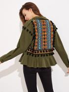 Shein Embroidery Jacquard Back Pom Pom Detail Frilled Jacket