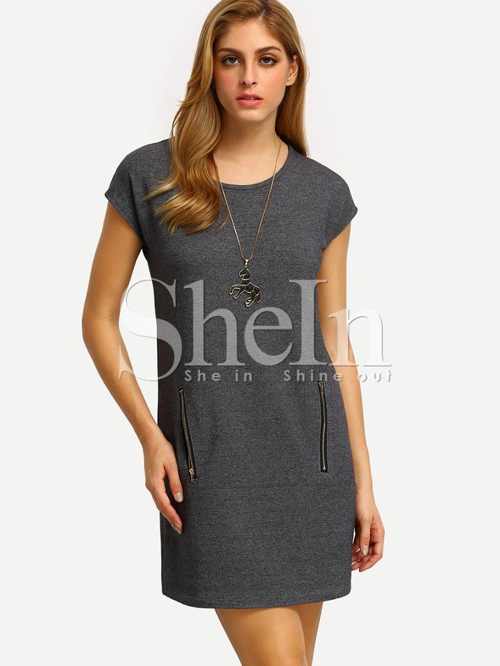 Shein Grey Cap Sleeve Zipper Pockets Dress
