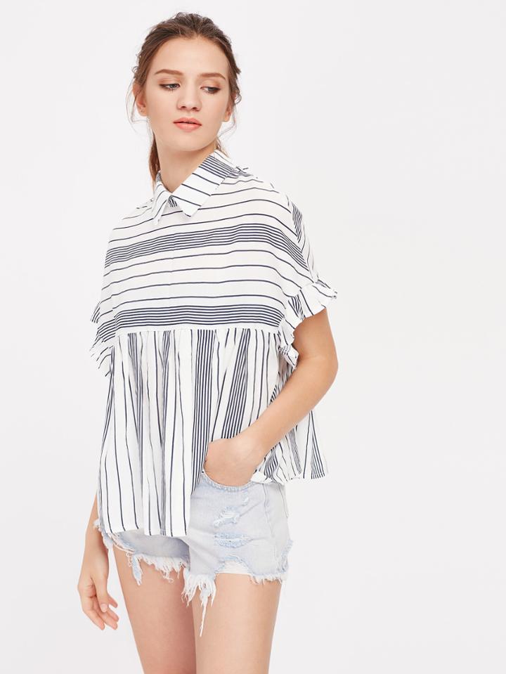 Shein Frill Trim Tie Back Striped Babydoll Blouse