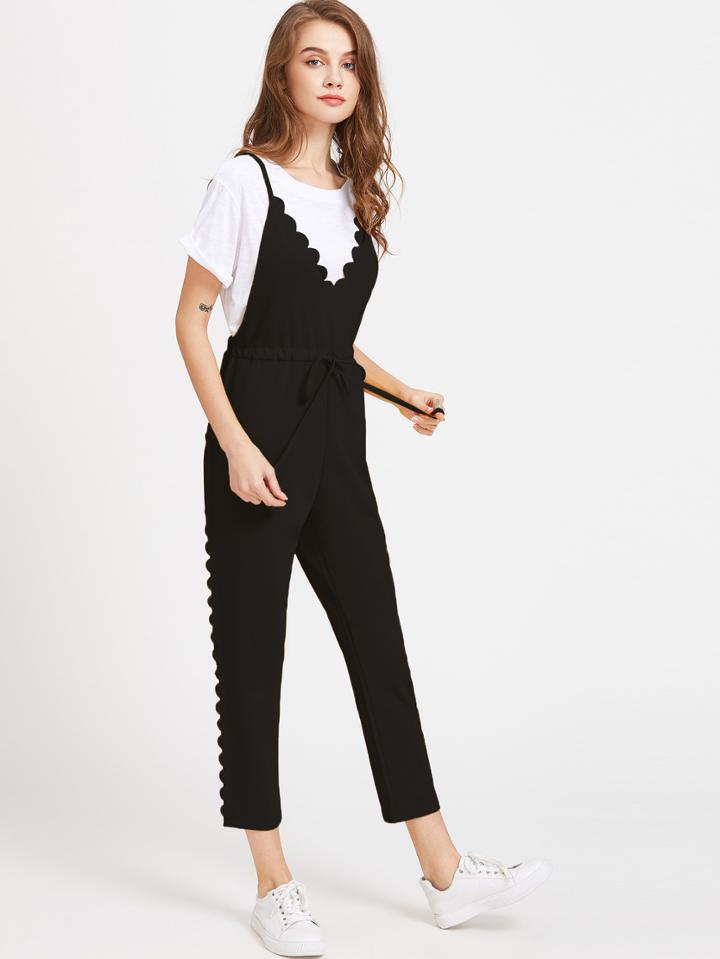 Shein Criss Cross Back Scallop Trim Drawstring Jumpsuit