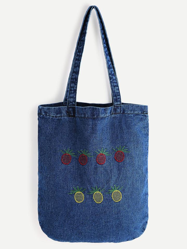 Shein Pineapple Embroidery Denim Tote Shopper Bag
