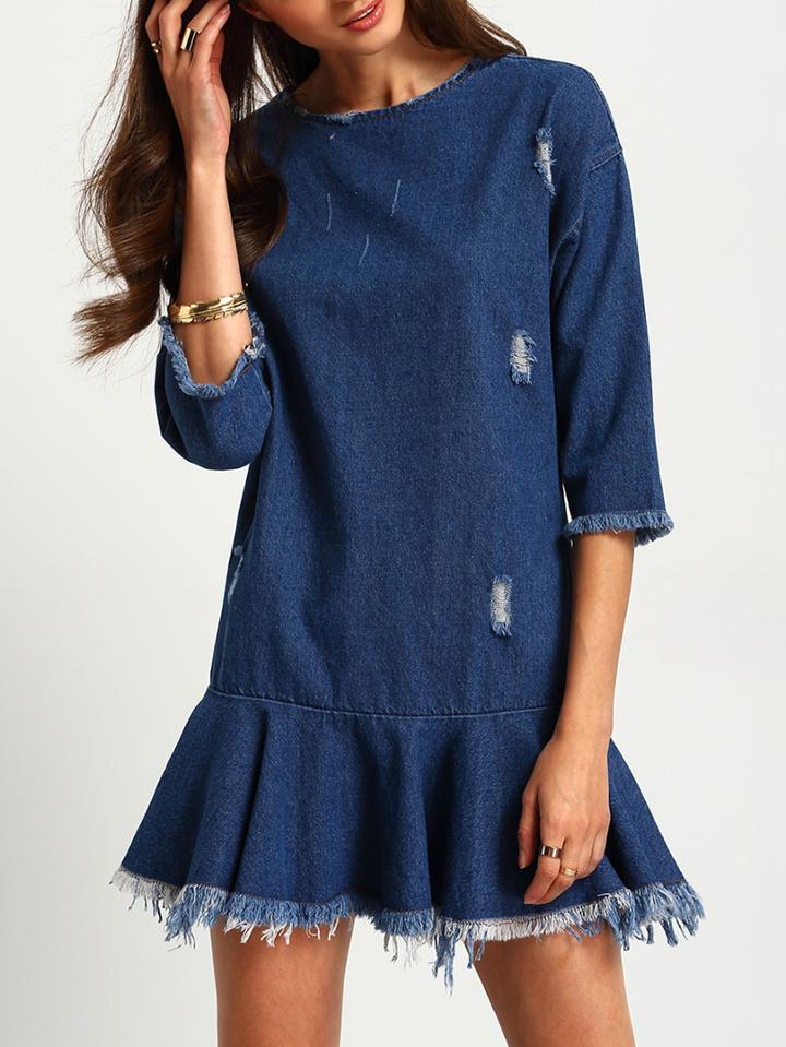 Shein Blue Ripped Frayed Ruffle Drop Waist Denim Dress