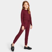 Shein Girls Lettuce Trim Ribbed Top & Drawstring Pants Set