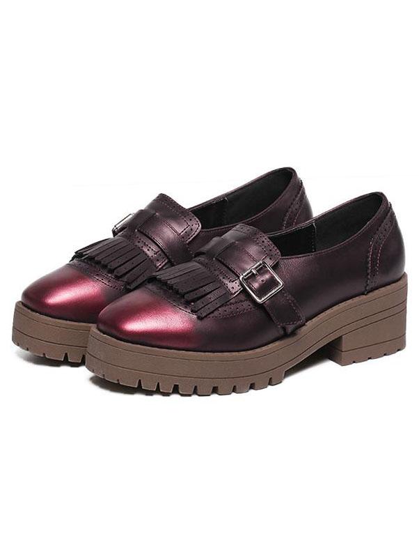 Shein Fringe Buckled Burgundy Platform Loafers