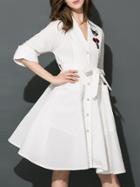 Shein White V Neck Tie-waist Pockets A-line Dress