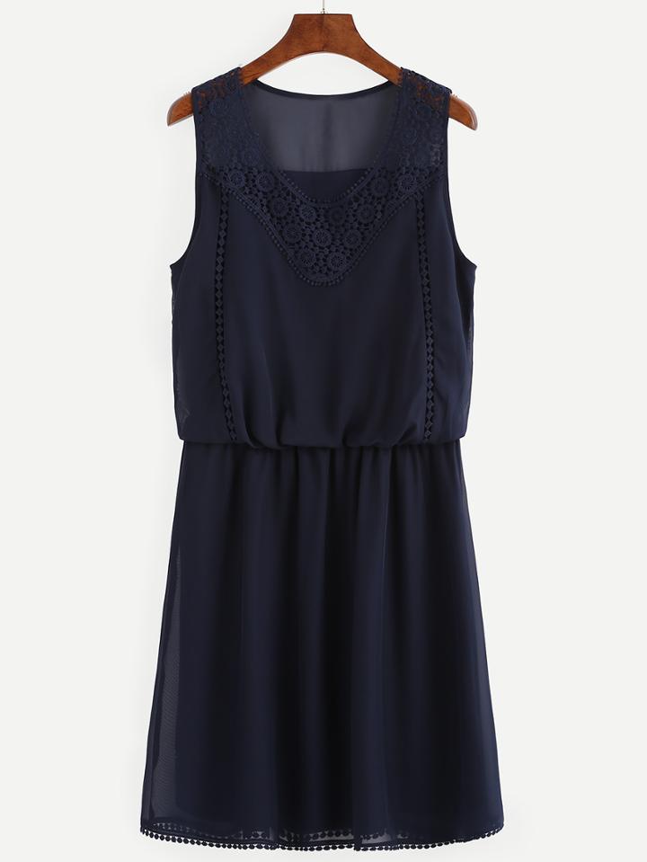 Shein Navy Sleeveless Lace Patchwork Dress