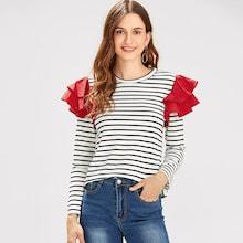 Shein Layered Ruffle Striped Print Tee