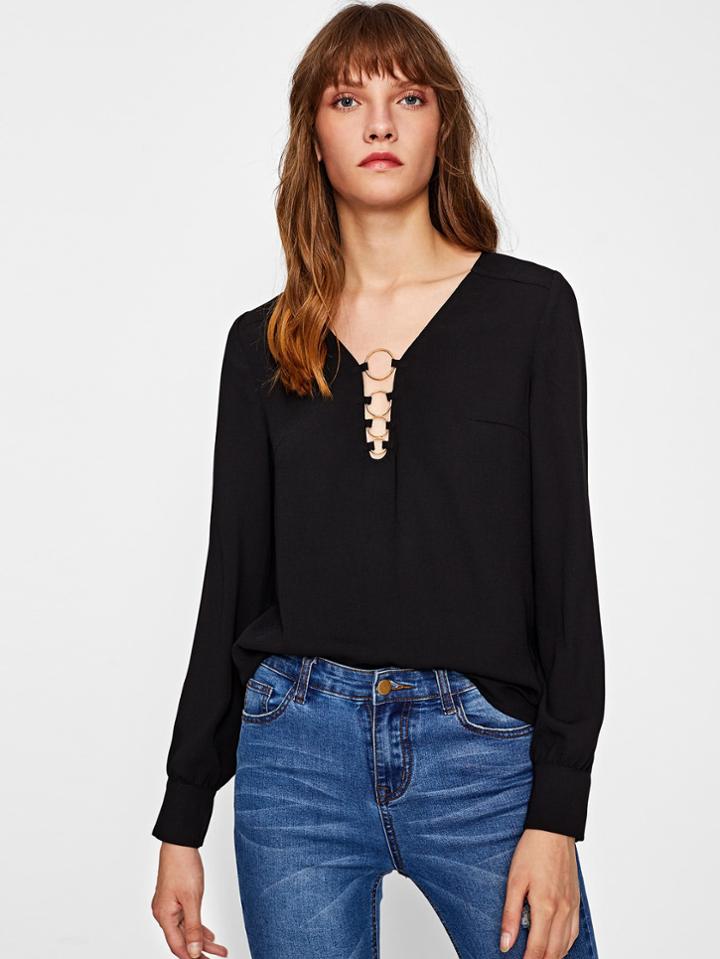 Shein O-ring Front Buttoned Cuff Blouse
