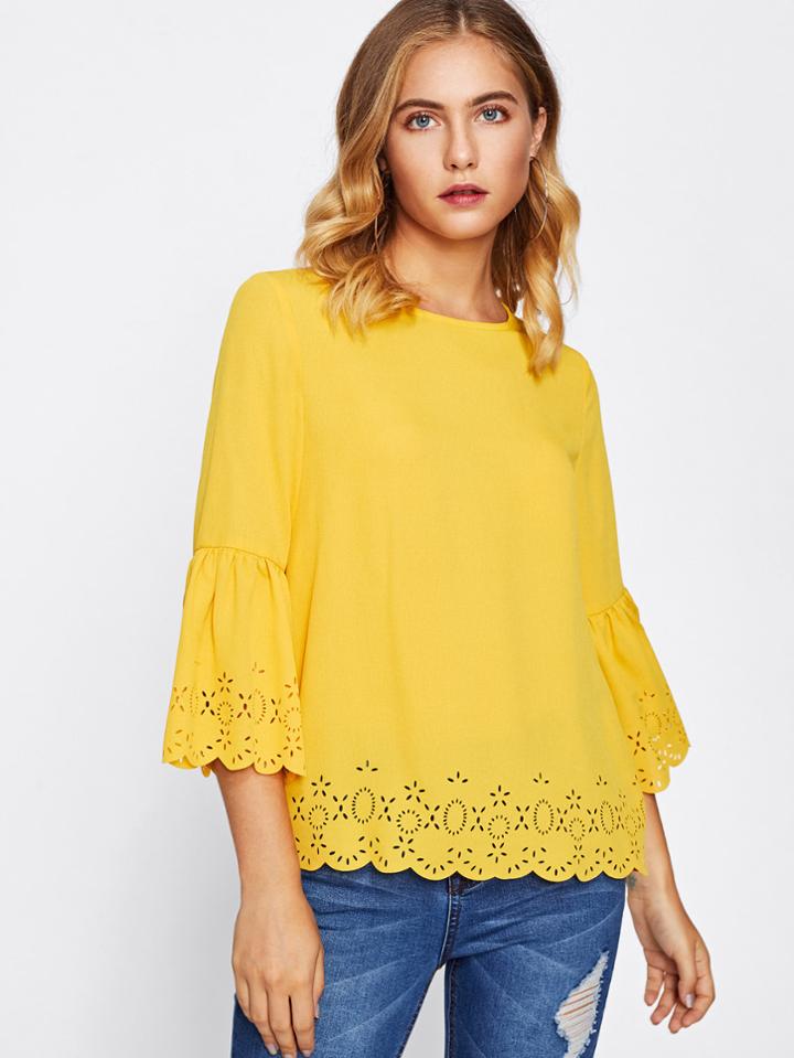 Shein Scallop Laser Cut Keyhole Back Trumpet Sleeve Blouse