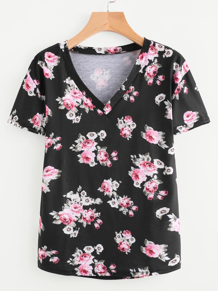 Shein V Neckline Calico Print Tee