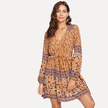 Shein Tassel Tied V Neck Tribal Print Dress