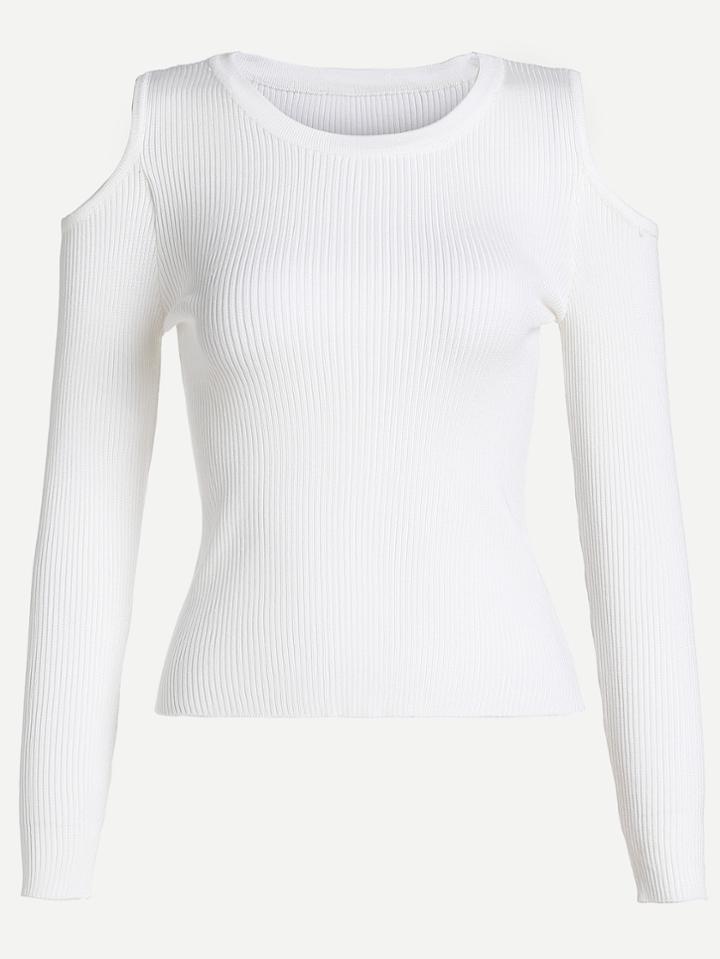 Shein White Open Shoulder Ripped Sweater
