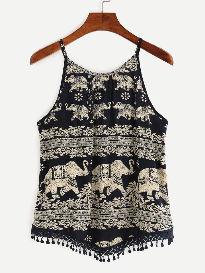 Shein Navy Elephant Print Crochet Trimmed Cami Top