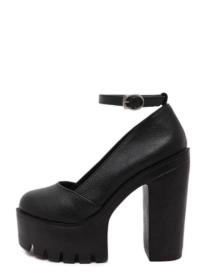 Shein Black Round Toe Buckle Strap Platform Chunky Pumps