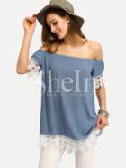 Shein Light Blue Off The Shoulder Patchwork Lace Blouse