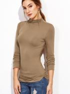 Shein Khaki Mock Neck Curved Hem T-shirt