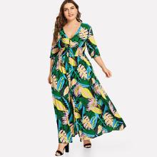 Shein Plus Jungle Leaf Shirred Waist Dress