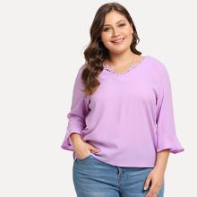Shein Plus Lace V Neck Trumpet Sleeve Top