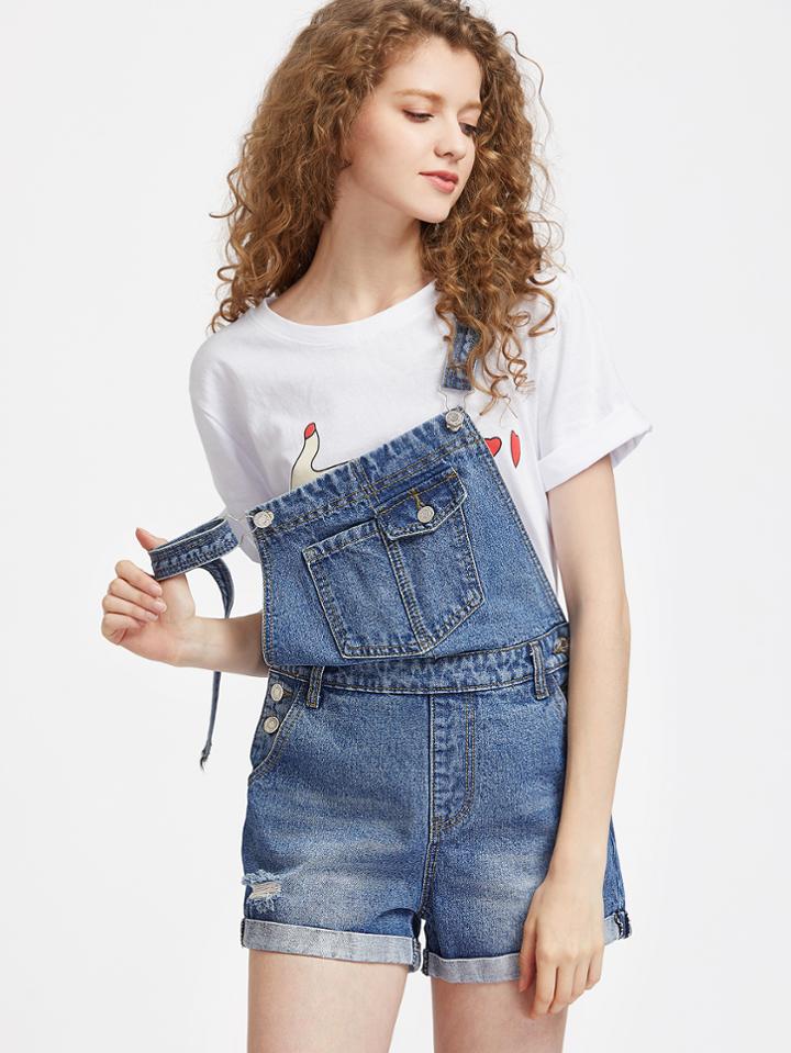 Shein Bleach Wash Bib Pocket Front Cuffed Denim Overalls