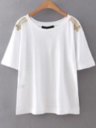 Shein White Rope Embellished Shoulder T-shirt