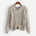 Shein Ripped Cable Knit Drop Shoulder Sweater