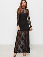 Shein Black Mock Neck Flower Embroidered Lace Dress With Cami