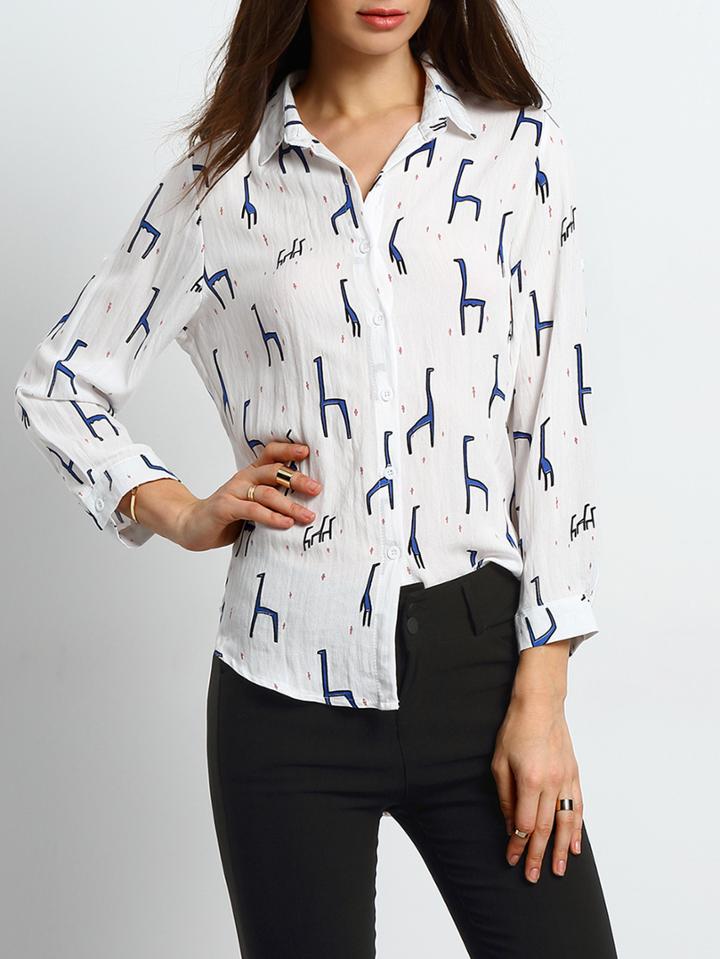 Shein White Lapel Cartoon Print Dip Hem Blouse