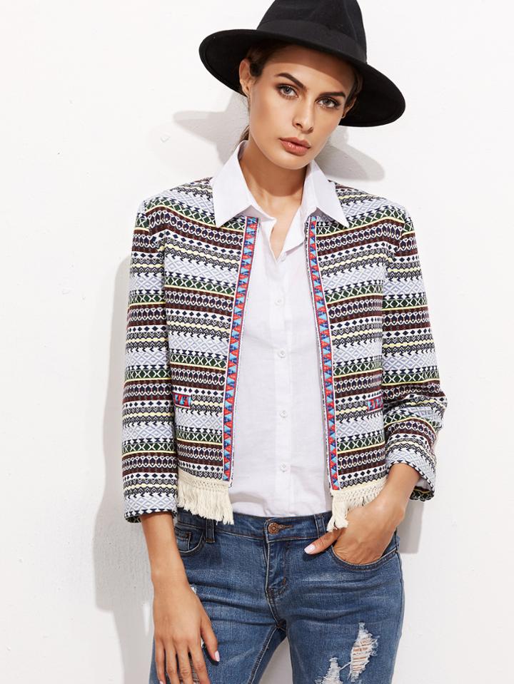 Shein Multicolor Tribal Print Embroidered Tape Detail Fringe Hem Blazer