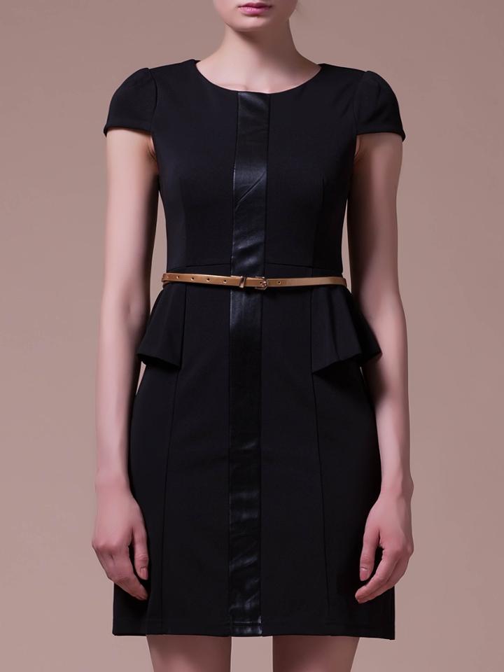 Shein Black Contrast Pu Peplum Belted Sheath Dress