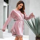 Shein Fringe Hem Belted Velvet Dress