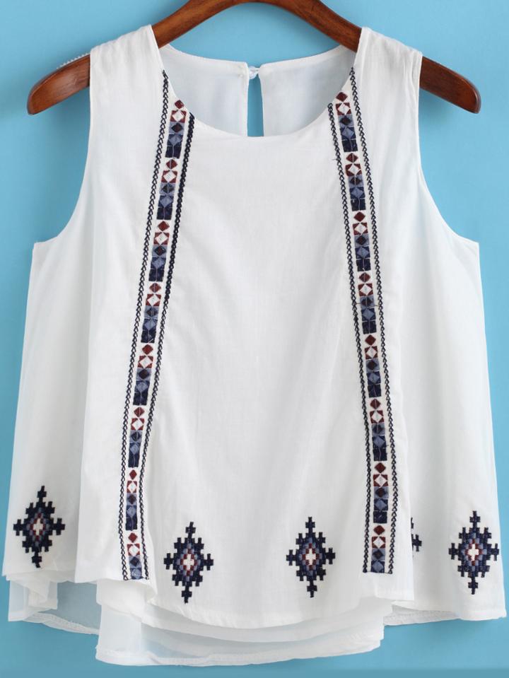 Shein Blue White Round Neck Embroidered Tank Top