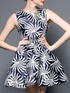 Shein Navy Crew Neck Sleeveless Print A-line Dress