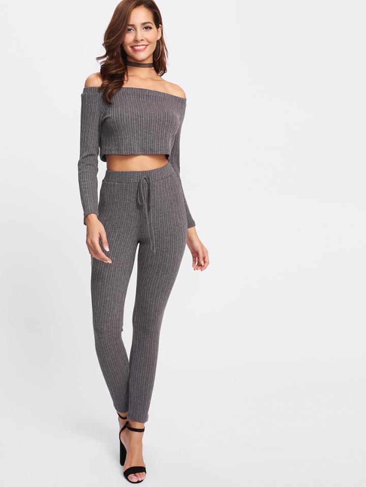 Shein Crop Bardot Top & Drawstring Pants Set