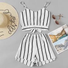 Shein Striped Random Split Bow Tie Back Cami Top With Shorts