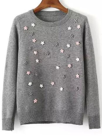 Shein Grey Crew Neck Bead Slim Sweater