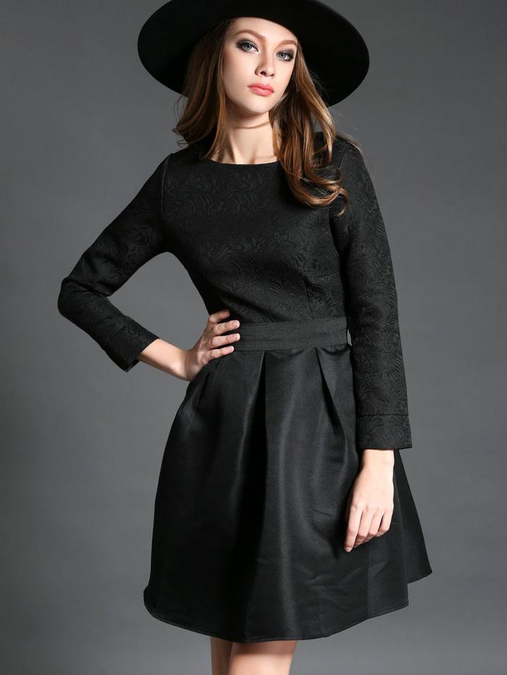Shein Black Round Neck Long Sleeve Jacquard Dress