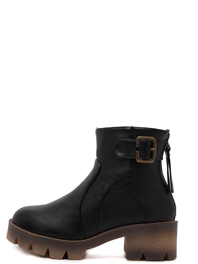 Shein Black Faux Leather Buckle Strap Zipper Back Ankle Boots
