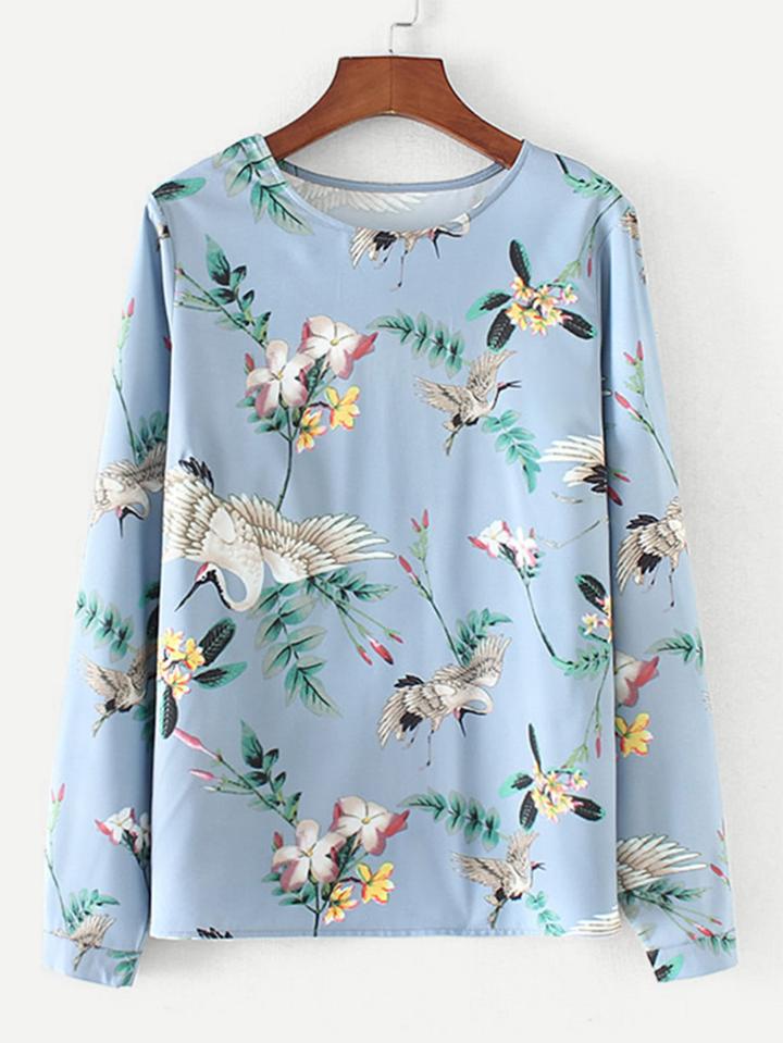 Shein Crane & Flower Print Blouse