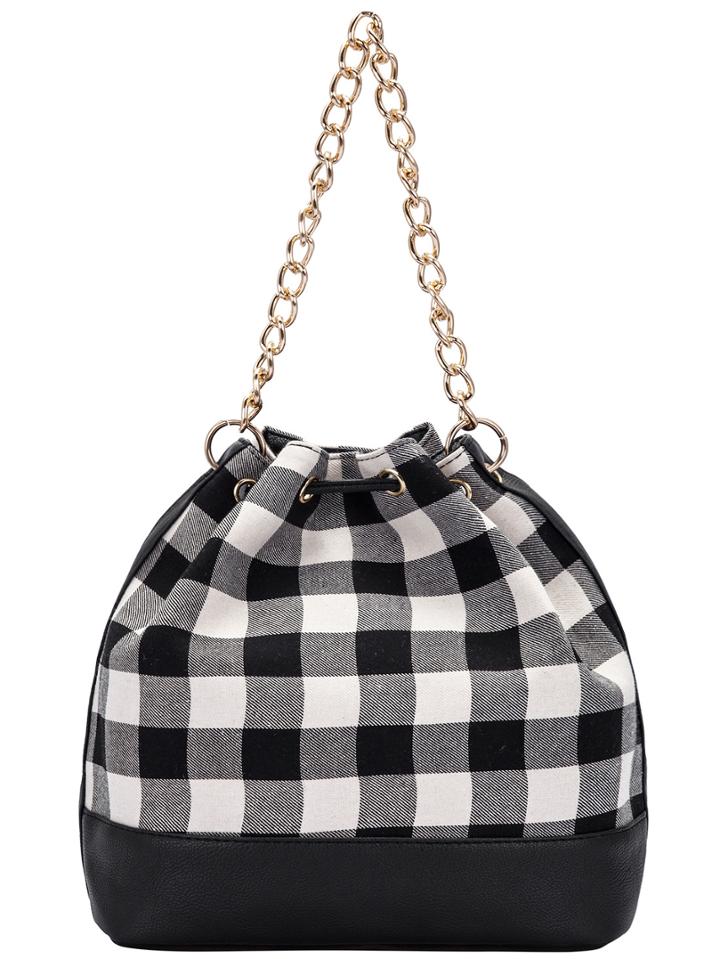 Shein Black White Drawstring Random Plaid Chain Shoulder Bag