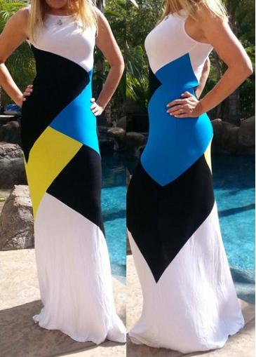 Rosewe Sleeveless Color Block Round Neck Maxi Dress