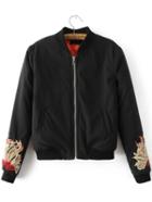 Shein Black Floral Embroidery Zipper Up Jacket