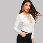 Shein Lace Up Applique Plunging Neck Tee